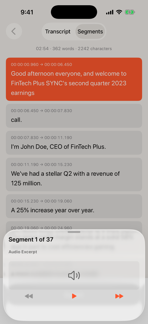 A transcript on iPhone with a sheet reading Segment 1 of 37, offering playback of the audio behind the selected segment.