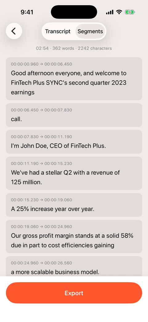 A finished transcript on iPhone, broken into timed segments with an Export button at the bottom.