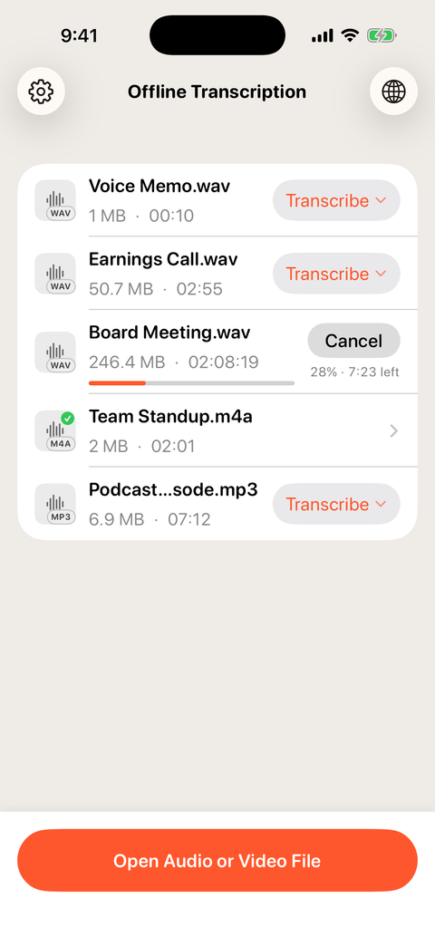 Offline Transcription on iPhone: a two-hour Board Meeting recording 28% transcribed with 7:23 remaining, a finished file, and files waiting with their own Transcribe buttons.